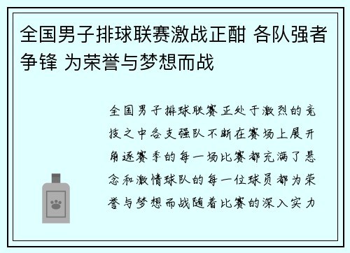 全国男子排球联赛激战正酣 各队强者争锋 为荣誉与梦想而战