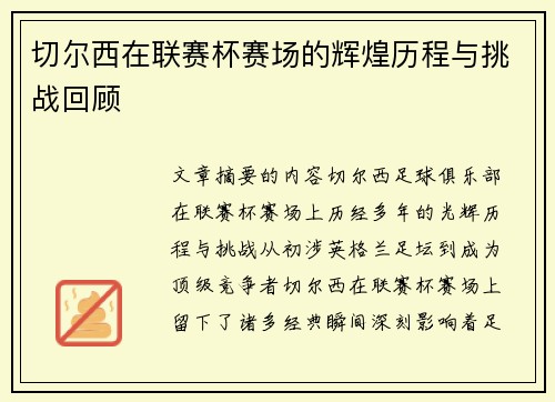 切尔西在联赛杯赛场的辉煌历程与挑战回顾