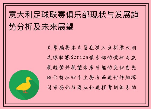 意大利足球联赛俱乐部现状与发展趋势分析及未来展望
