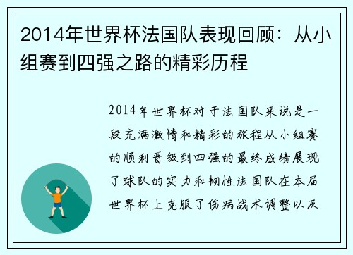 2014年世界杯法国队表现回顾：从小组赛到四强之路的精彩历程